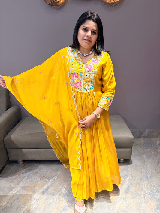 Yellow Pure Mull A-Line Anarkali Suit with Embroidered Dupatta
