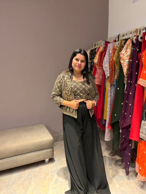 Black Designer Jacket Style Indowestern – Spaghetti Choli with Plazo