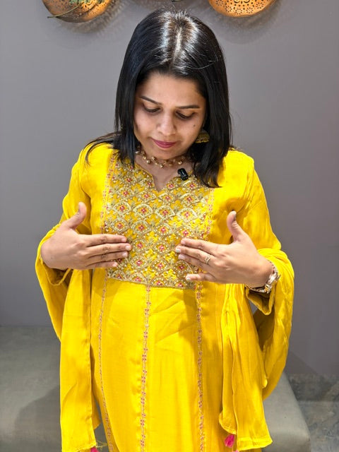 Liril Yellow Pure Mal Chanderi A-Line Suit with Neck Handwork & Dupatta