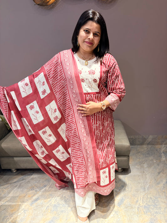Pink & White Pure Jaipuri Cotton 3-Piece Suit with Neck Handwork