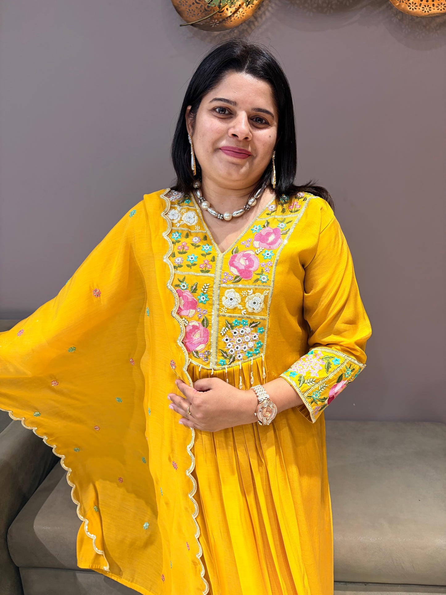 Yellow Pure Mull A-Line Anarkali Suit with Embroidered Dupatta