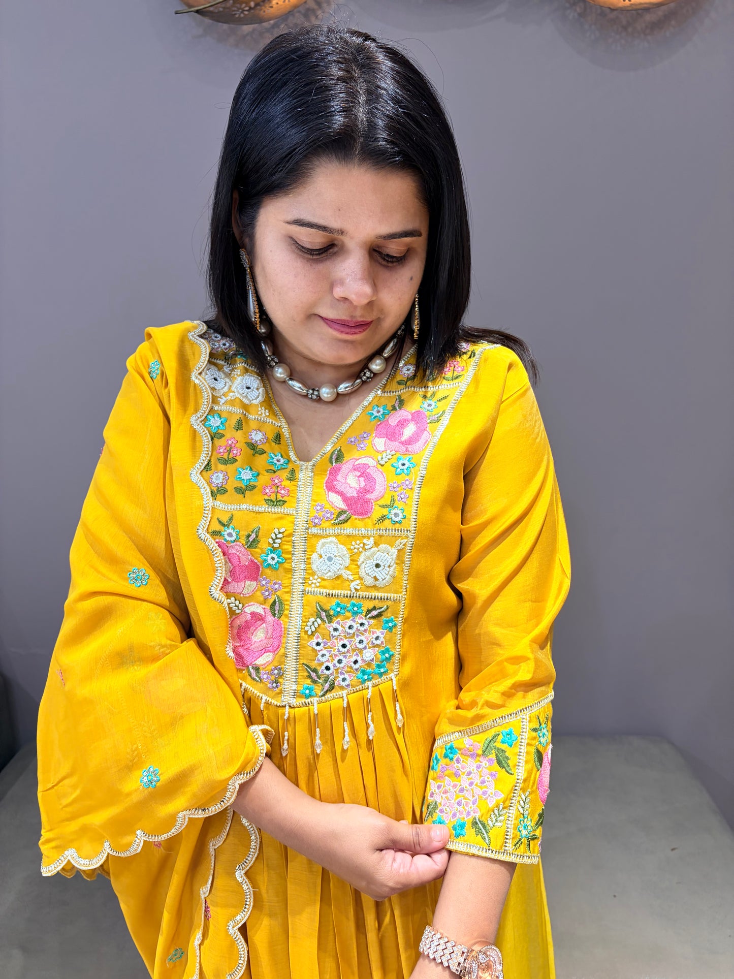 Yellow Pure Mull A-Line Anarkali Suit with Embroidered Dupatta