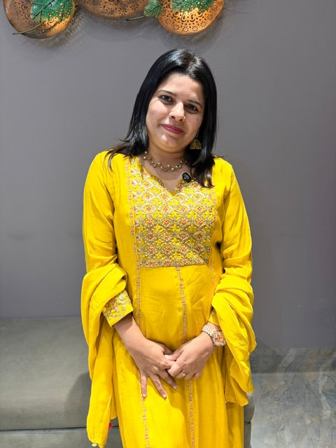 Liril Yellow Pure Mal Chanderi A-Line Suit with Neck Handwork & Dupatta