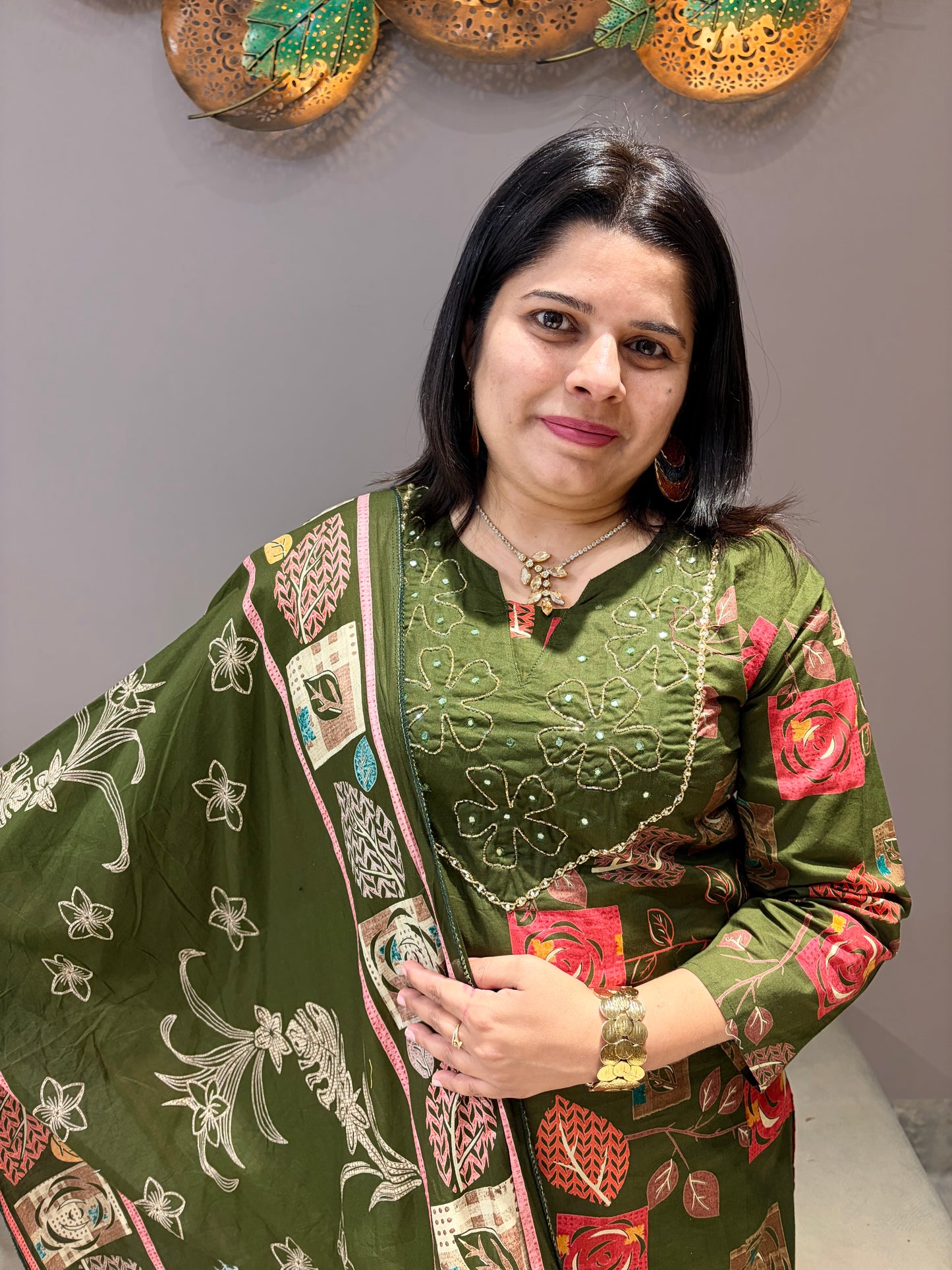 Mehndi Green Pure Cotton Suit with Neck Handwork