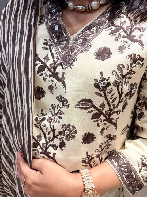 Cream Pure Jaipuri Cotton 3-Piece Suit