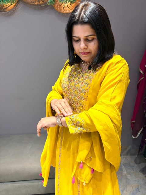 Liril Yellow Pure Mal Chanderi A-Line Suit with Neck Handwork & Dupatta