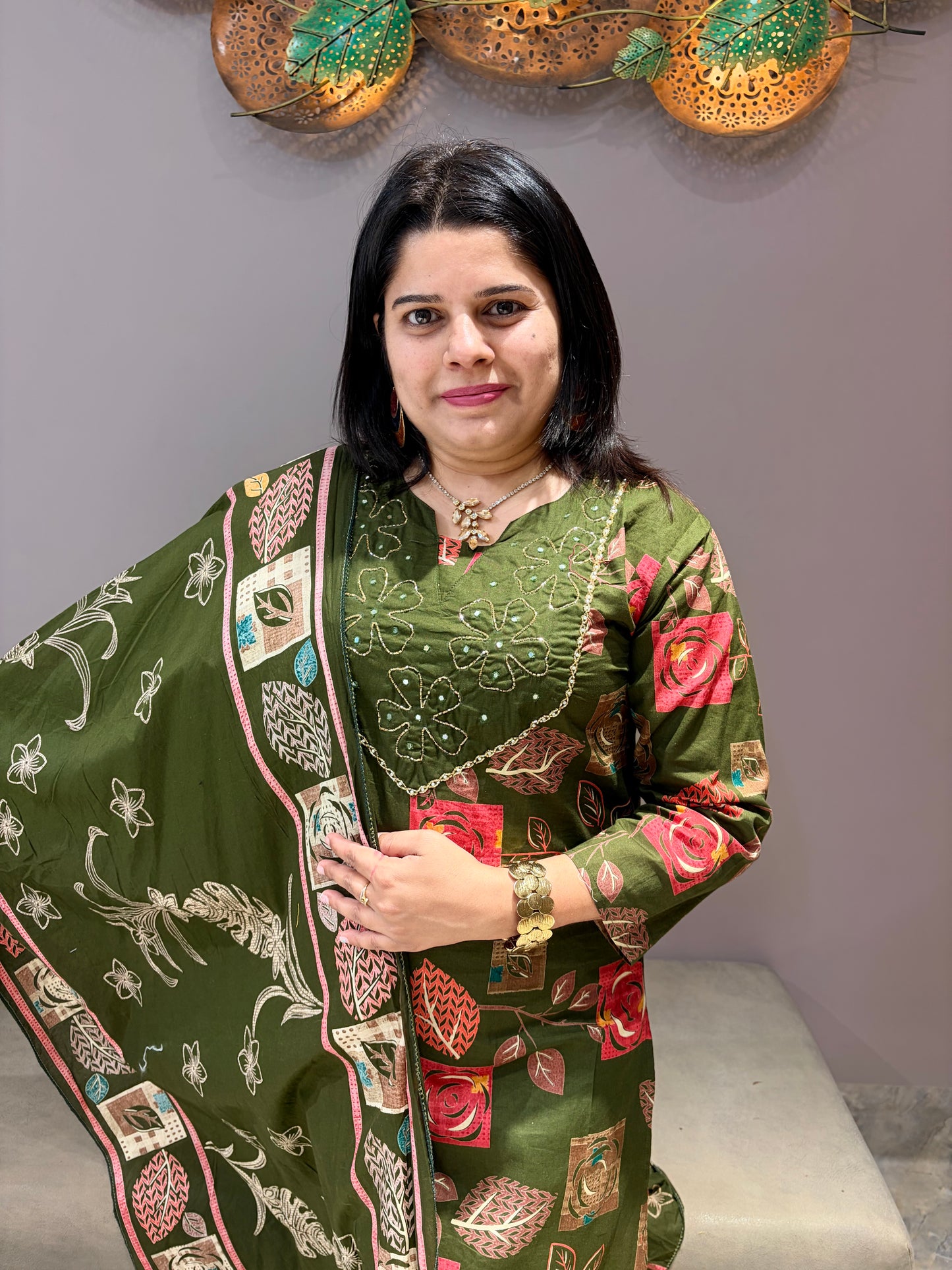 Mehndi Green Pure Cotton Suit with Neck Handwork