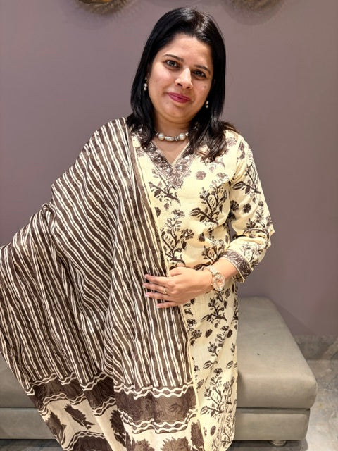 Cream Pure Jaipuri Cotton 3-Piece Suit