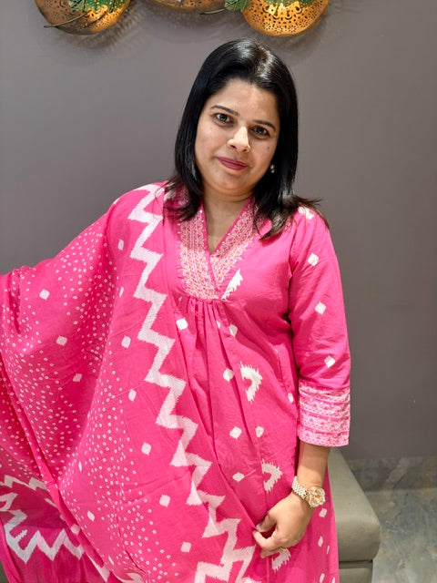 Rani Pink Pure Cotton A-Line Suit with V-Neck & Handwork Dupatta