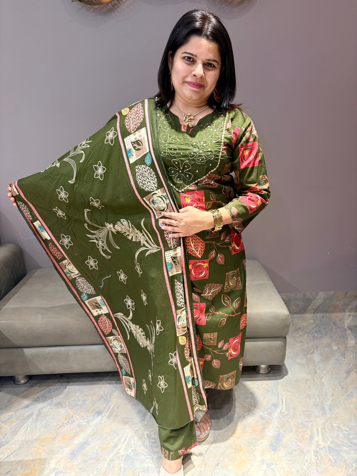 Mehndi Green Pure Cotton Suit with Neck Handwork