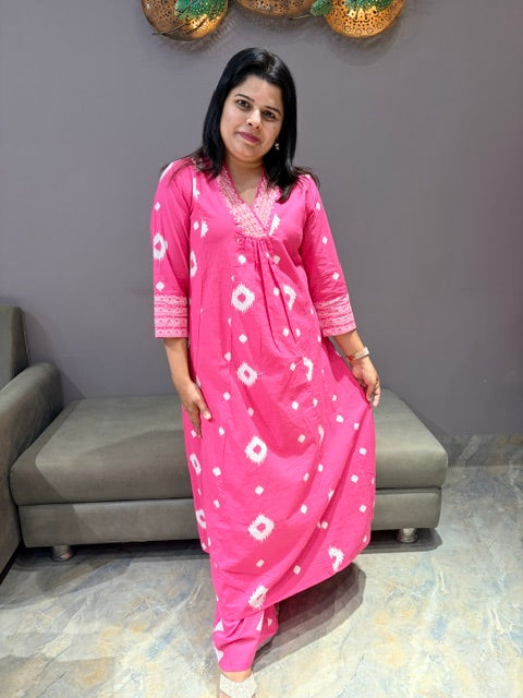 Rani Pink Pure Cotton A-Line Suit with V-Neck & Handwork Dupatta