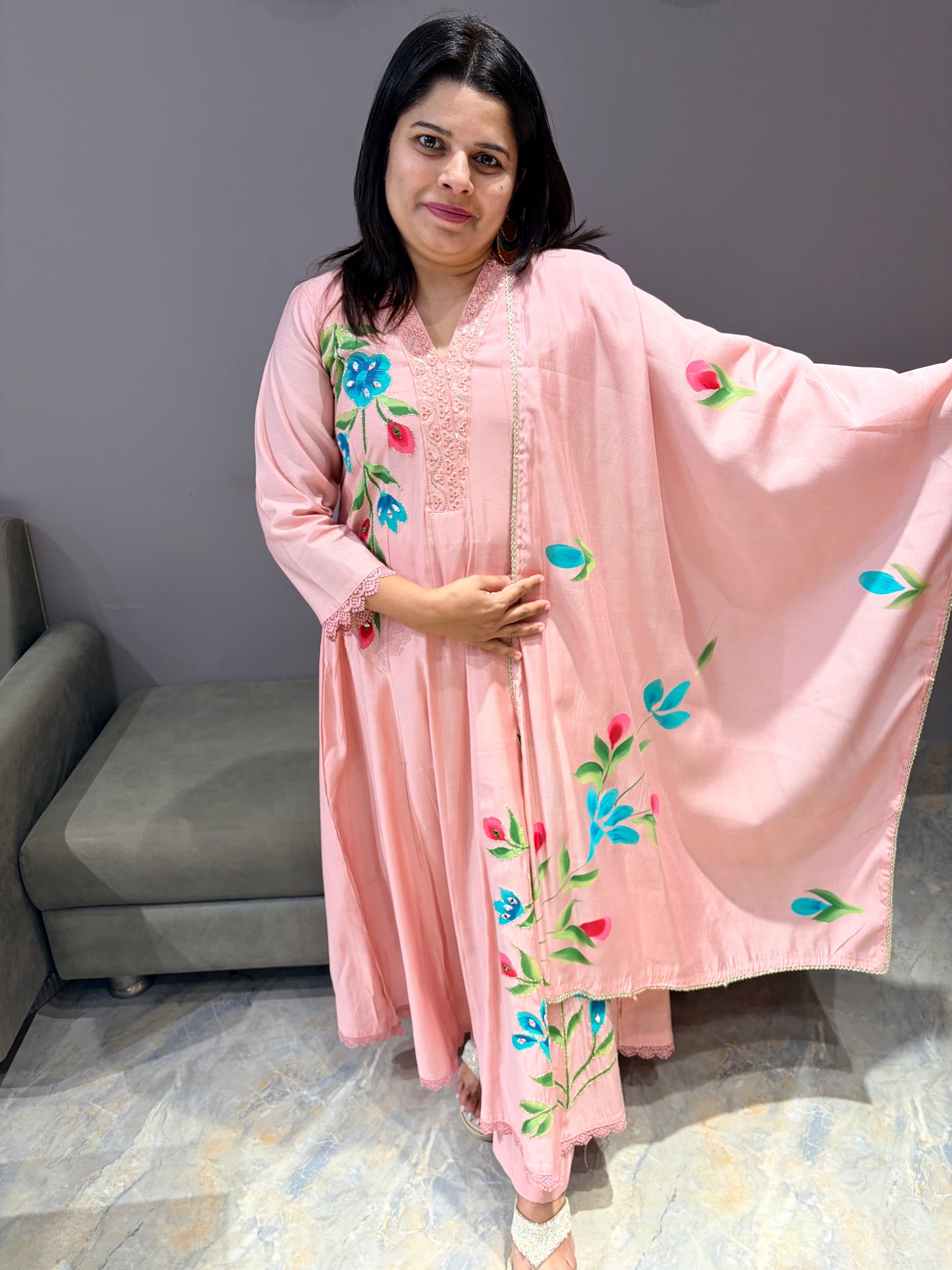 Peach Pink Brush Painted Designer Anarkali Suit with Dupatta