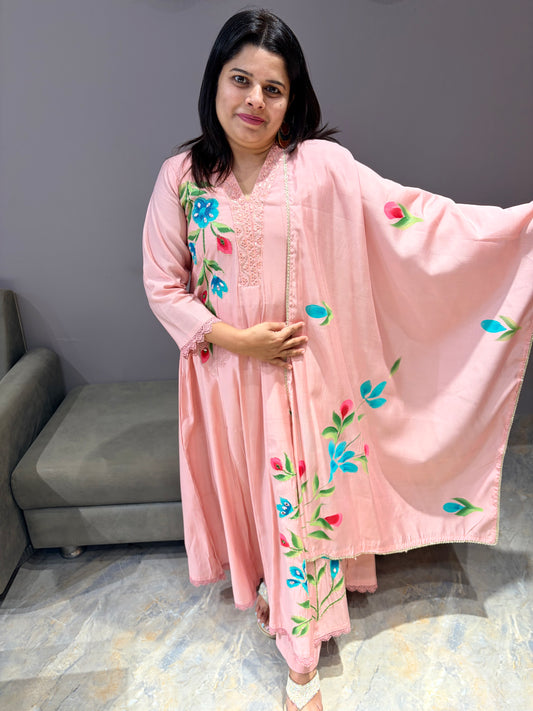 Peach Pink Brush Painted Designer Anarkali Suit with Dupatta